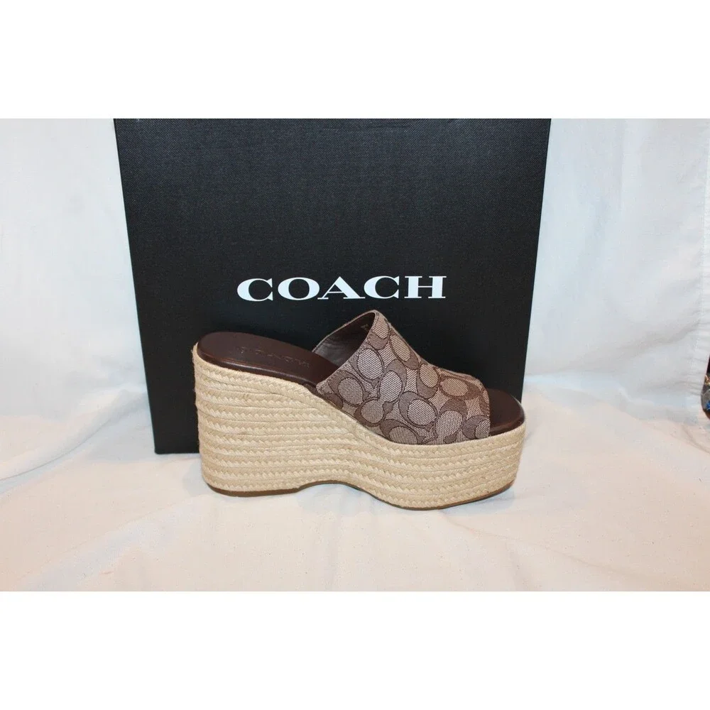 COACH Women Suede Espadrille Platform Wedge Slide Sandals OAK MAPLE NEW 9